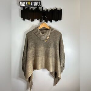 Belle Dame Women’s Collar Poncho Sweater Three Tone Striped & Decorative Buttons